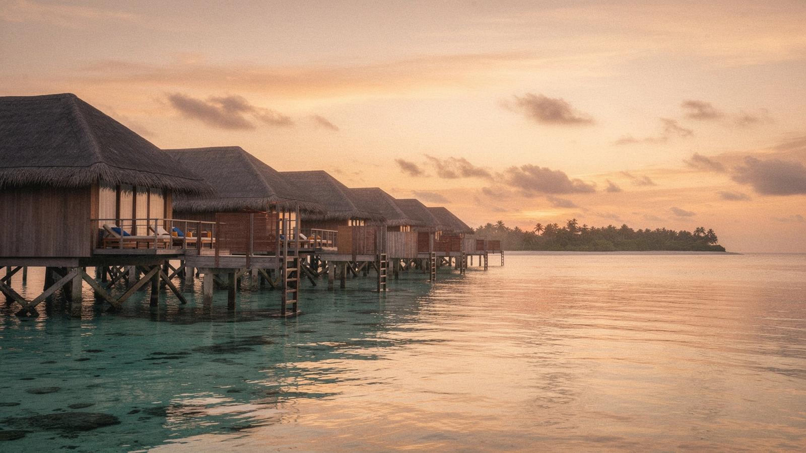 Overwater villas on stilts above a turquoise Maldivian lagoon at sunset